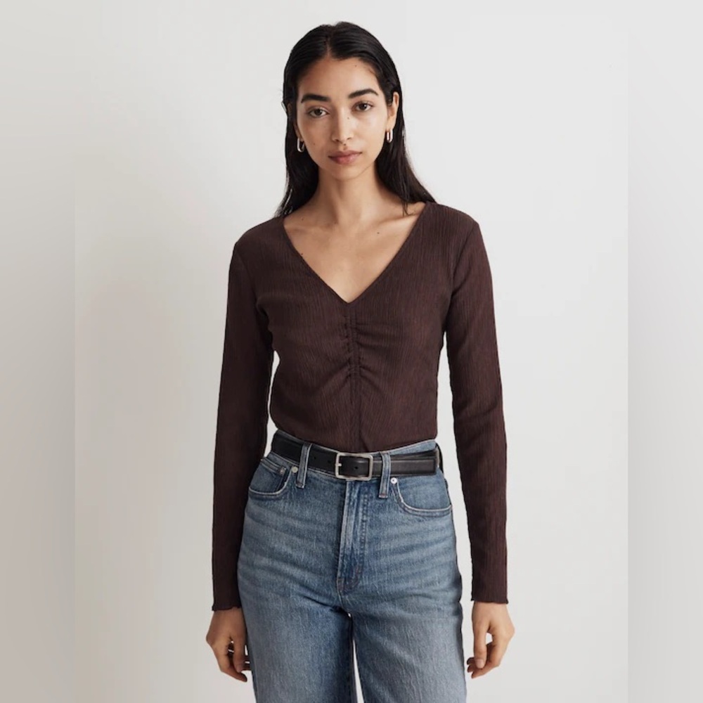 Madewell Semi-Sheer Shirred V-Neck Top - XXS